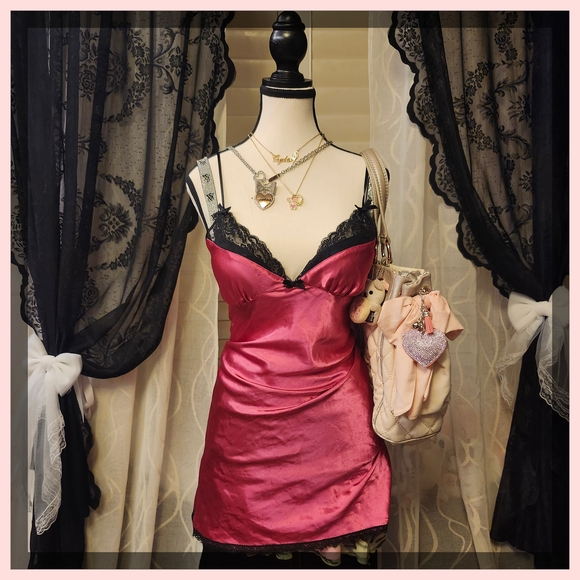 La SENZA Other - La SENZA Pink and Black Satin Chemise with Lace Trim